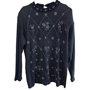 Vintage Victoria Jones Sweater Womens Large Black 90s Floral Beaded Glam Knit